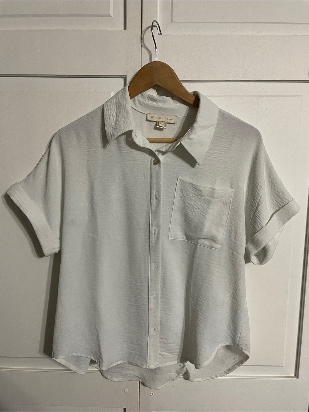 Monteau White Short Sleeve Button-Front Pocket Shirt